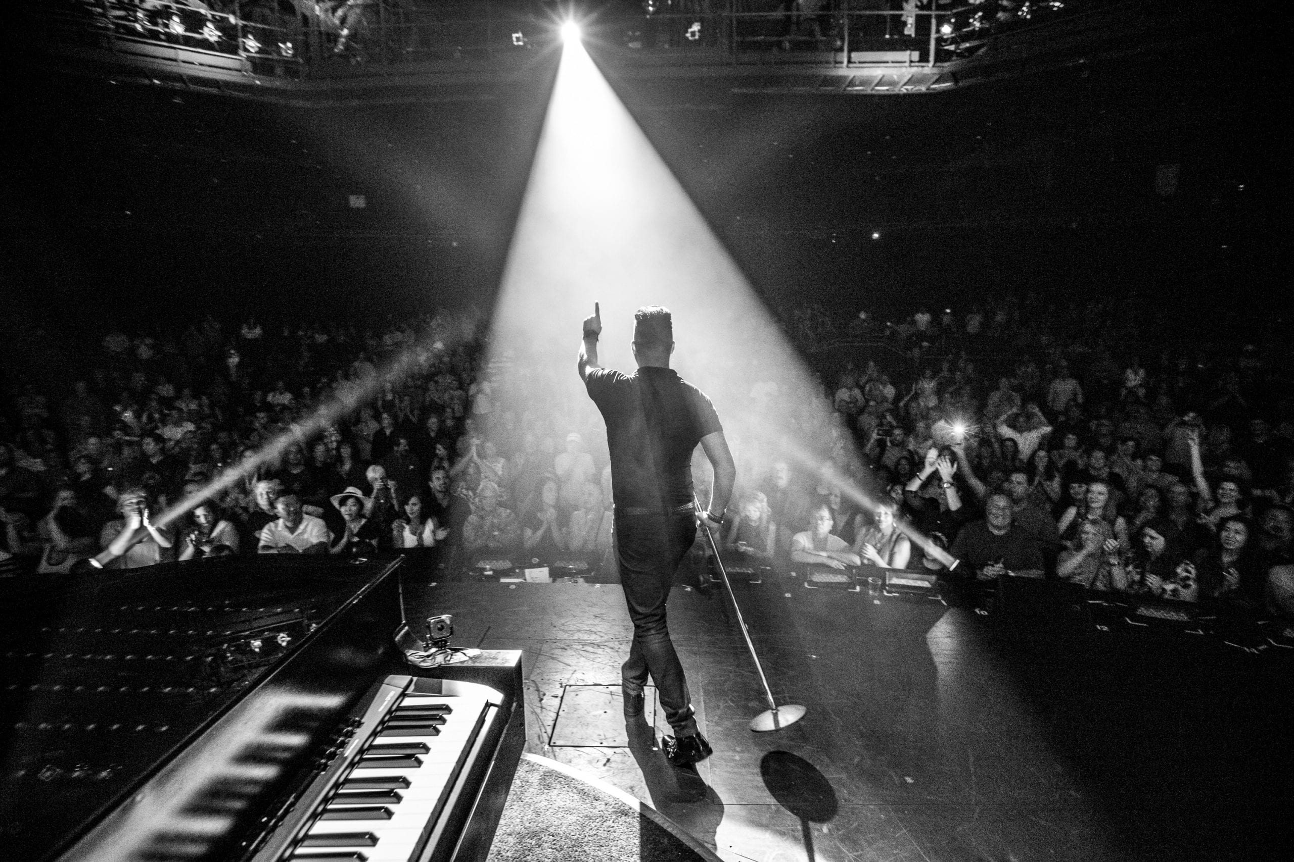 A performer on stage, seen from behind, points to a spotlight above a cheering crowd.