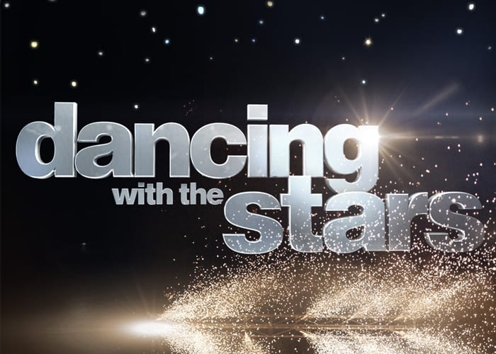 The "Dancing with the Stars" logo features silver text against a dark sky with sparkling lights and glitter.