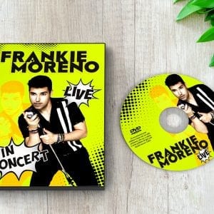 A "Frankie Moreno Live In Concert" DVD case and disc featuring a man holding a microphone on a lime green background.