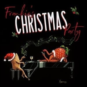 A cork in a Santa hat plays piano for a strawberry in a boa, with text "Frankie's Christmas Party".