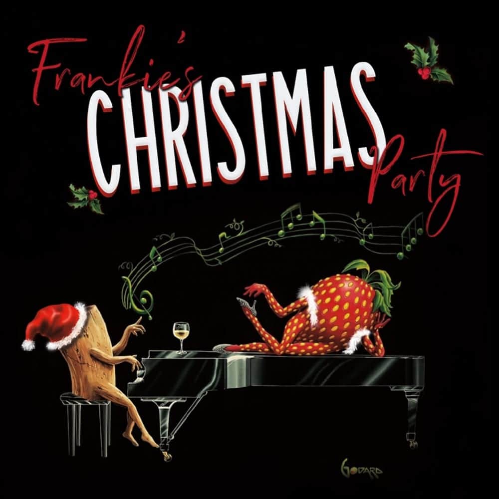 Frankie's Christmas Party A cork in a Santa hat plays piano for a strawberry in a boa, with text "Frankie's Christmas Party".