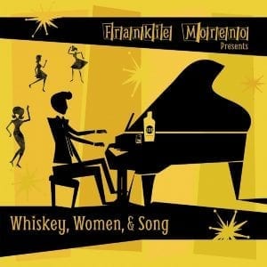 A yellow and black graphic shows a man playing a piano with a whiskey bottle, surrounded by dancing women.