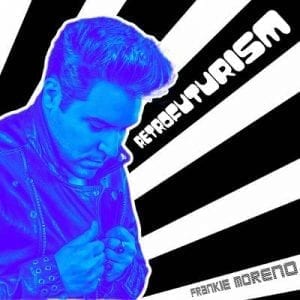 A man in a blue leather jacket looks down, with "RETROFUTURISM" and "FRANKIE MORENO" on a striped background.