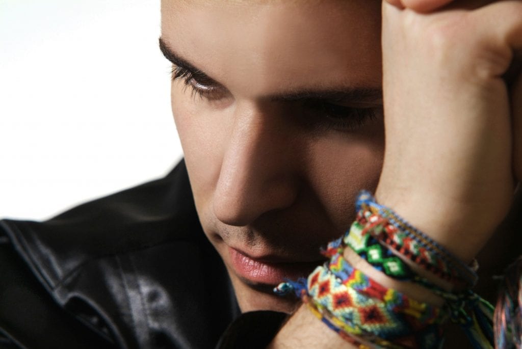 A young man with dark hair and eyebrows looks down, his left hand with colorful bracelets resting on his forehead.