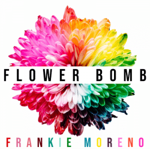 A vibrant chrysanthemum, rainbow-colored from pink to green, with "FLOWER BOMB" and "FRANKIE MORENO" text.