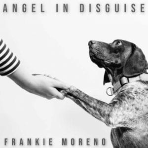 A person's hand in a striped sleeve shakes the paw of a spotted dog looking up, with text "ANGEL IN DISGUISE" and "FRANKIE MORENO".