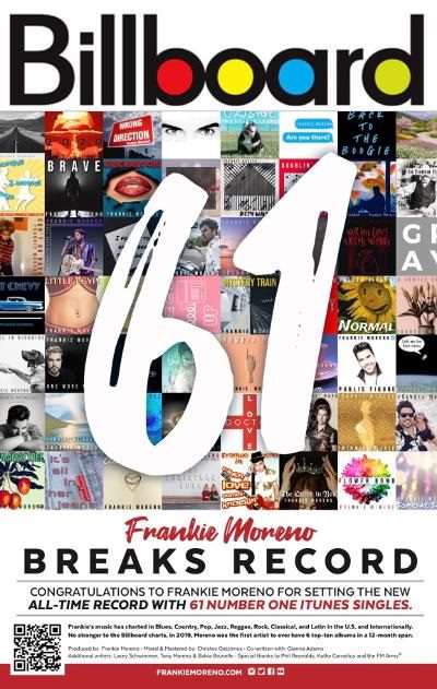 A "Billboard" magazine cover with "61" in white over a collage of album covers and "Frankie Moreno Breaks Record."
