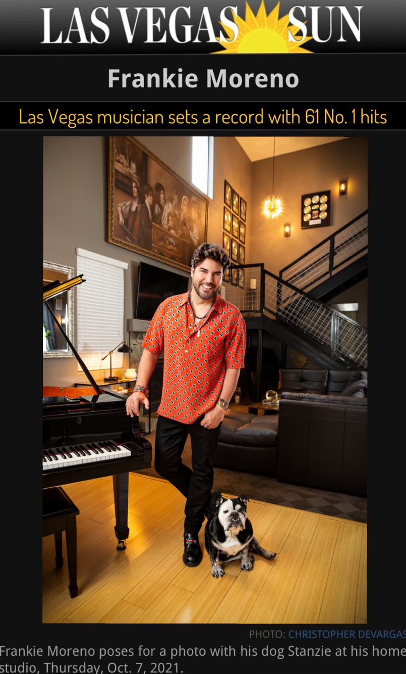 LAS VEGAS SUN" headline: "Frankie Moreno Las Vegas musician sets a record with 61 No. 1 hits.