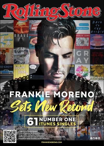 "Rolling Stone" magazine cover featuring Frankie Moreno over a collage of album covers, with text "Sets New Record 61 Number One iTunes Singles".