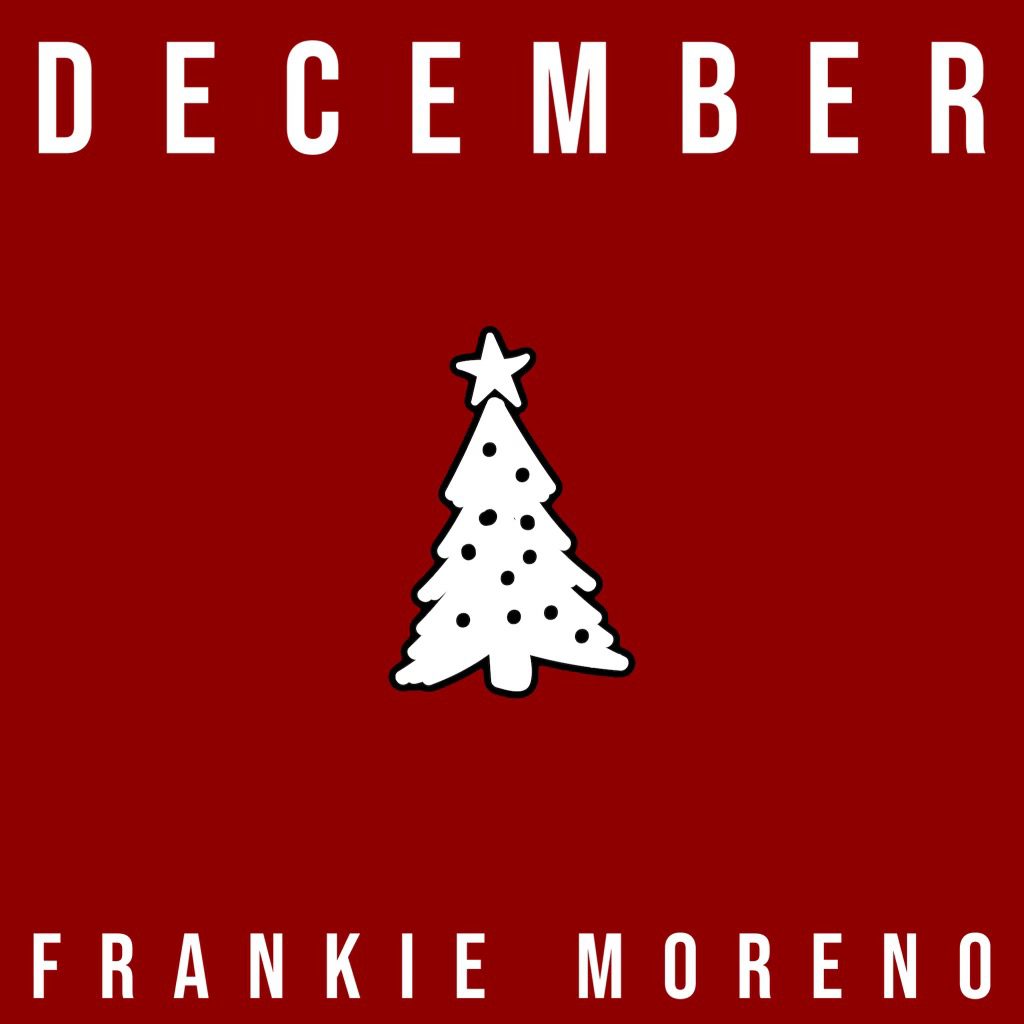 A red background with a white Christmas tree, black ornaments, and a star, with "DECEMBER" and "FRANKIE MORENO" in white text.