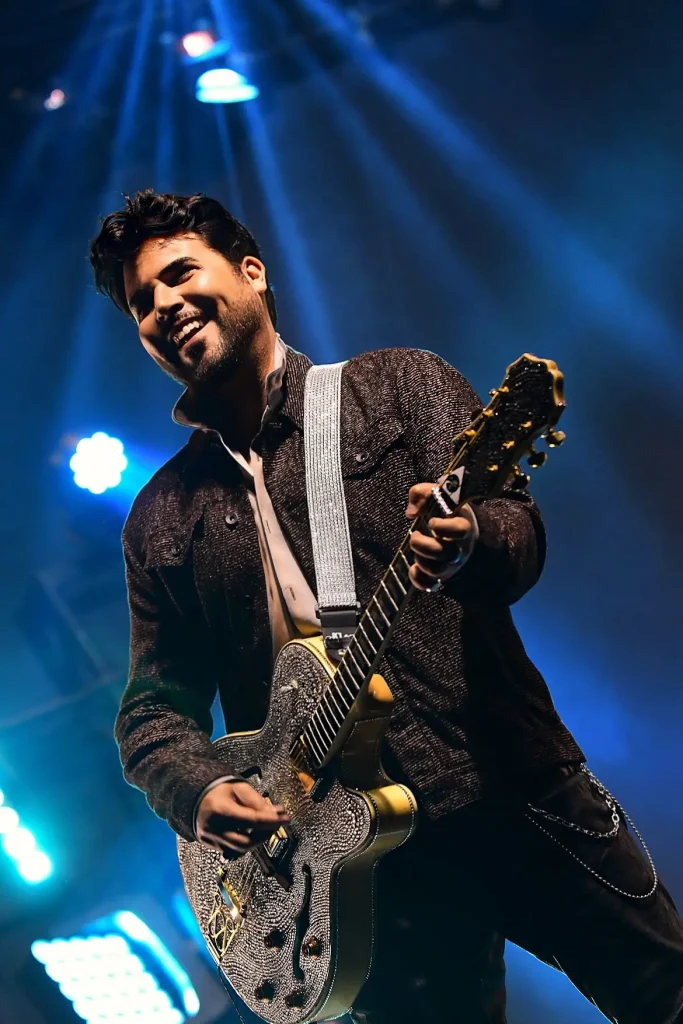 A smiling man with dark hair and a beard plays a rhinestone-covered guitar under blue stage lights.
