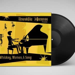 A black vinyl record partially visible next to its yellow album cover featuring a pianist, dancers, and "Whiskey, Women, & Song."