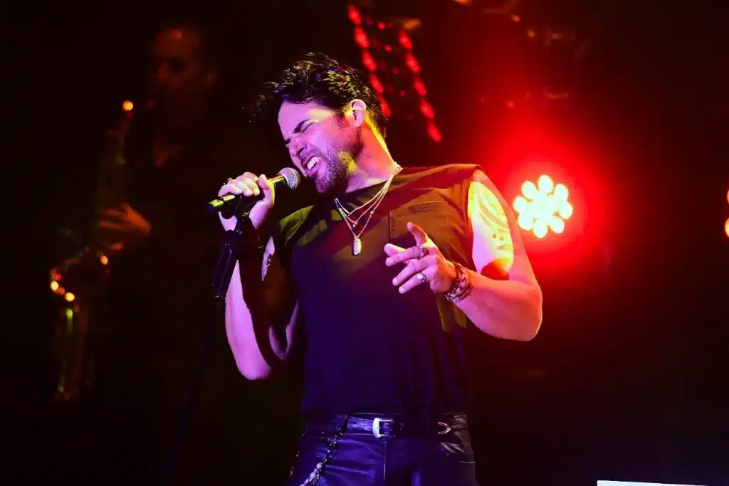 A male singer with dark hair and a beard performs on stage, holding a microphone while bathed in red light.
